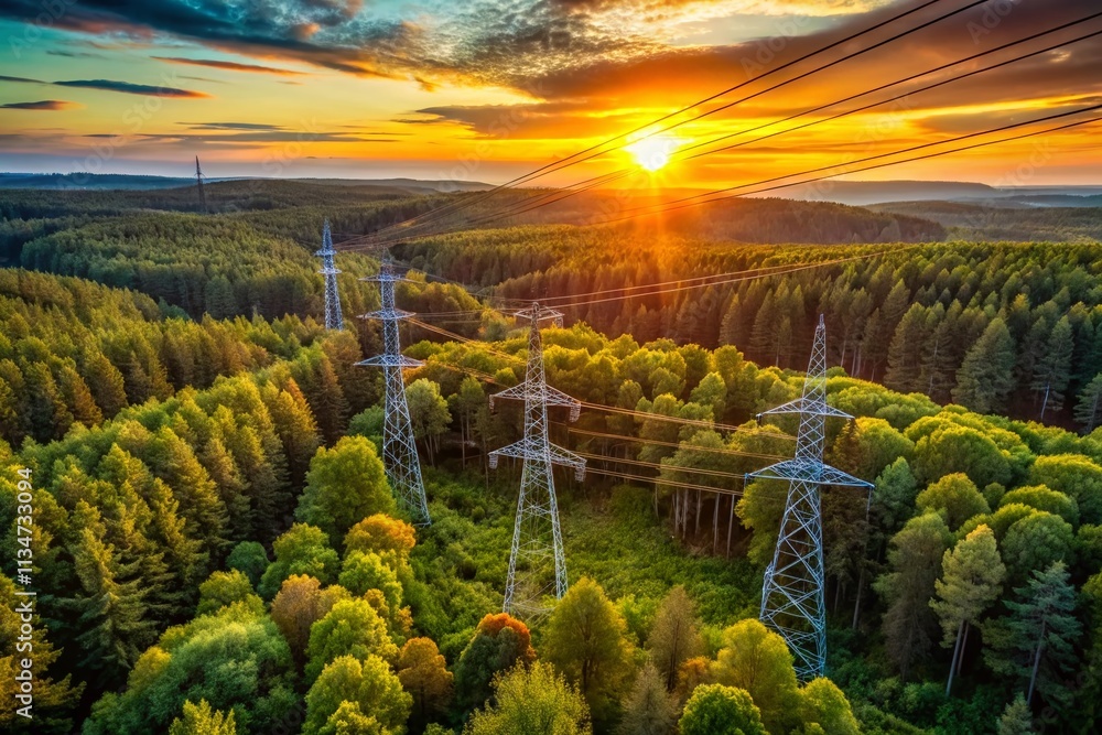 Fototapeta premium Captivating Aerial View of High Voltage Power Lines Cutting Through Lush Forest Landscape at Sunset, Illuminating the Natural Beauty and Energy Infrastructure in Harmony