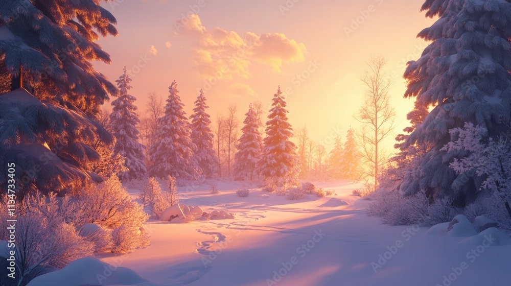 A tranquil snow-covered clearing in a winter forest, glowing under soft, warm sunlight A tranquil snow-covered clearing in a winter forest, glowing under soft, warm sunlight