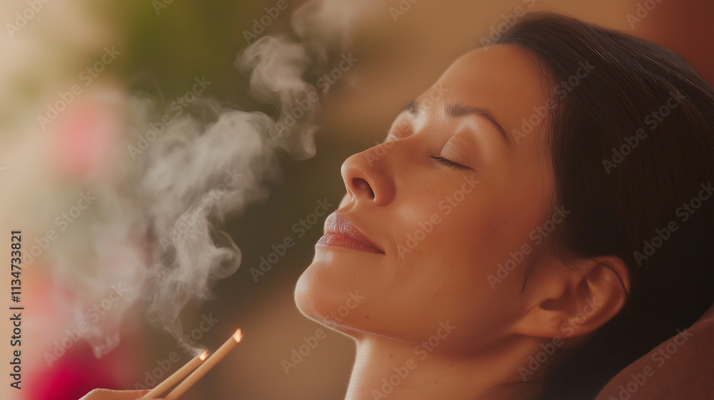 Fototapeta premium Asian female relaxing with aromatherapy incense in tranquil setting