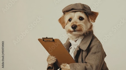 Adorable dog dressed as a detective wearing a cap and holding a clipboard, exuding charm and character in a playful and whimsical setting, ready to solve mysteries