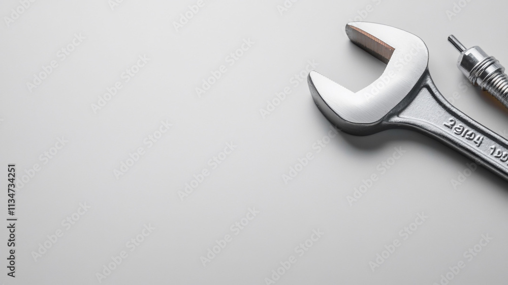A metallic wrench and a spark plug on a smooth surface. A metallic wrench and a spark plug on a smooth surface.