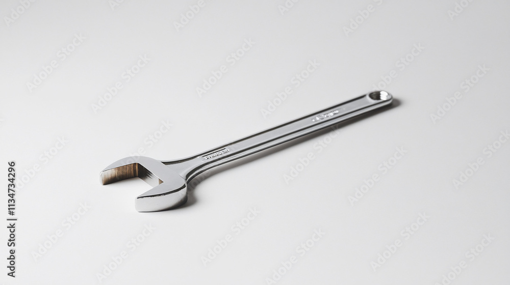 A shiny adjustable wrench resting on a plain surface. A shiny adjustable wrench resting on a plain surface.
