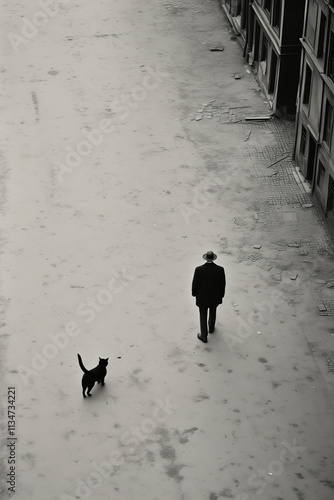 Bird's-Eye View Black and White Photography of Man and Black Cat in Minimalist Background photo