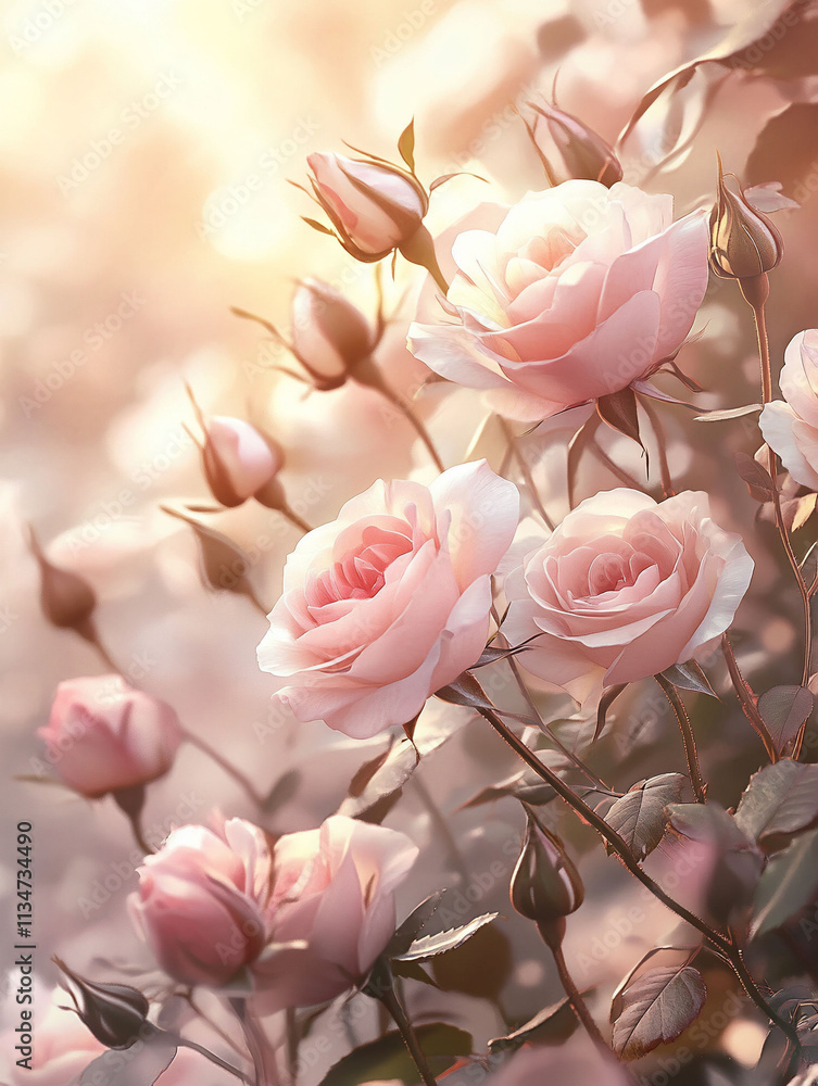 Fototapeta premium A soft arrangement of pink roses in a dreamy, illuminated setting.