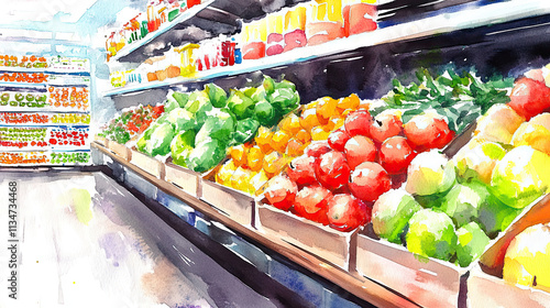 Watercolor of a grocery store, with vegetables and fruits on the shelves