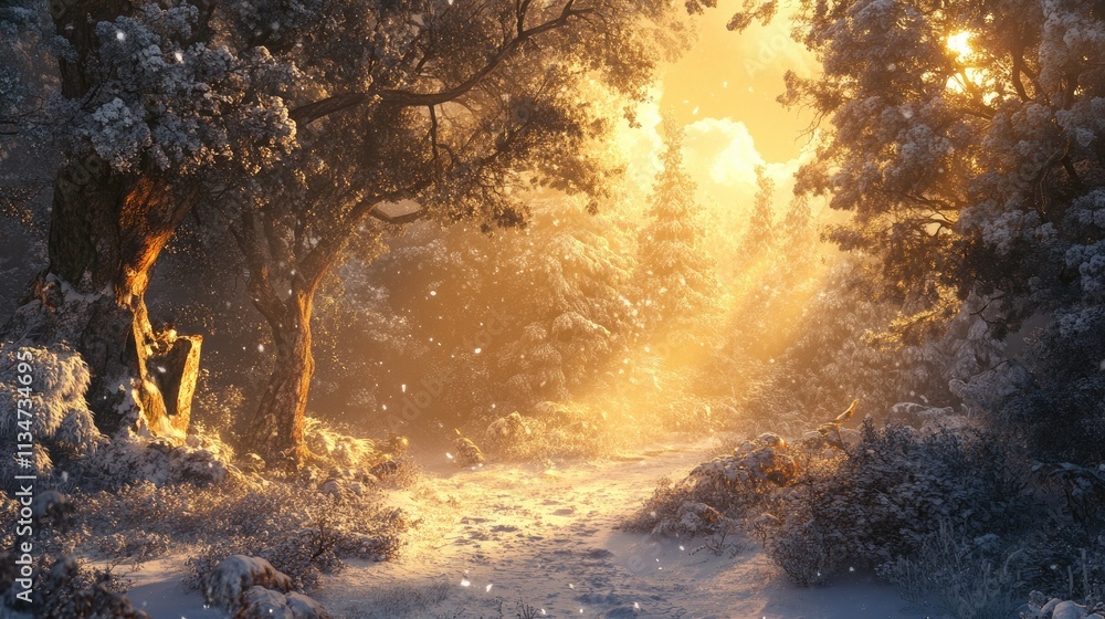 A magical forest covered in snow, with sunlight streaming through the canopy and creating a warm glow A magical forest covered in snow, with sunlight streaming through the canopy and creating a warm glow