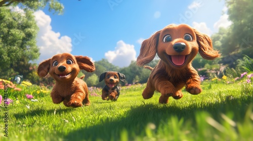 Wiggly dachshund puppies romp through a sunny green park, their playful energy sparkling against the vibrant blue sky,