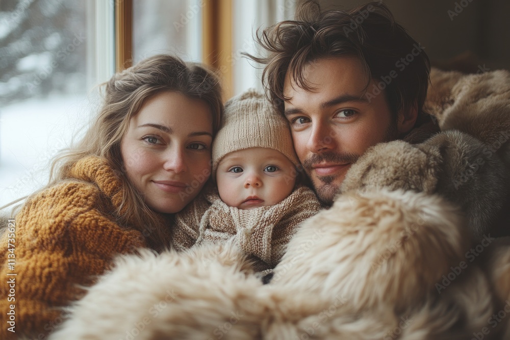 Happy Family Together at Home Looking Outside by Window Young Parents Hugging Daughter in Cozy Living Room Happy Family Together at Home Looking Outside by Window Young Parents Hugging Daughter in Cozy Living Room