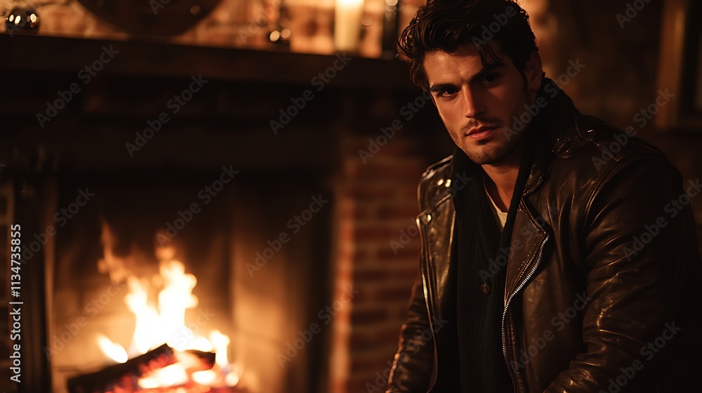 Man in Leather Jacket by a Warm Fireplace