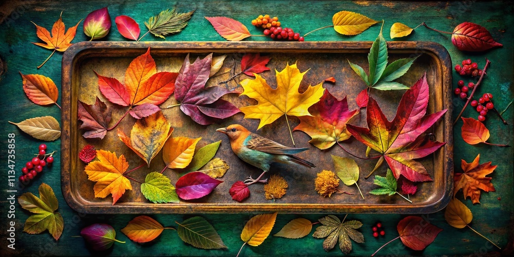Fototapeta premium Captivating Autumnal Composition: A Vintage Tray Adorned with Vibrant Dry Leaves in an Elegant Arrangement Emphasizing the Beauty of Seasonal Change and Nature’s Palette