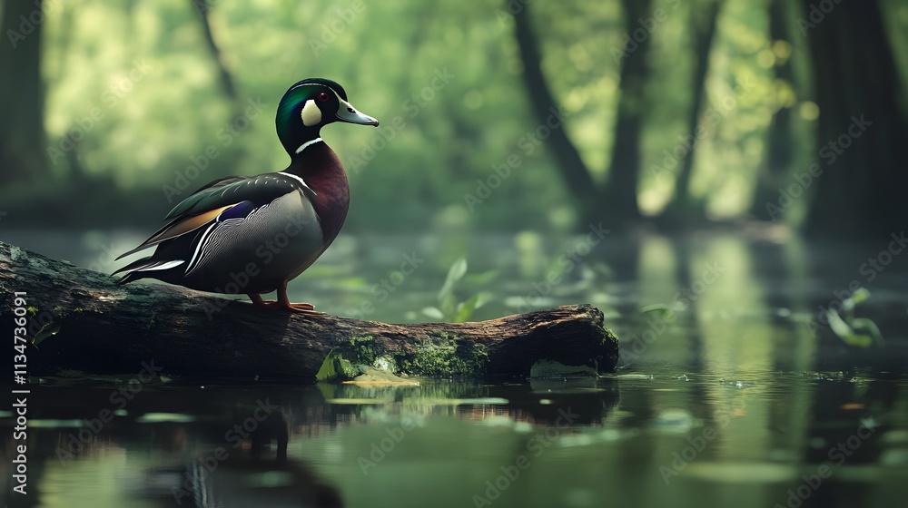 Obraz premium Stunning wood ducks perched by the calm waters of Pennsylvania.