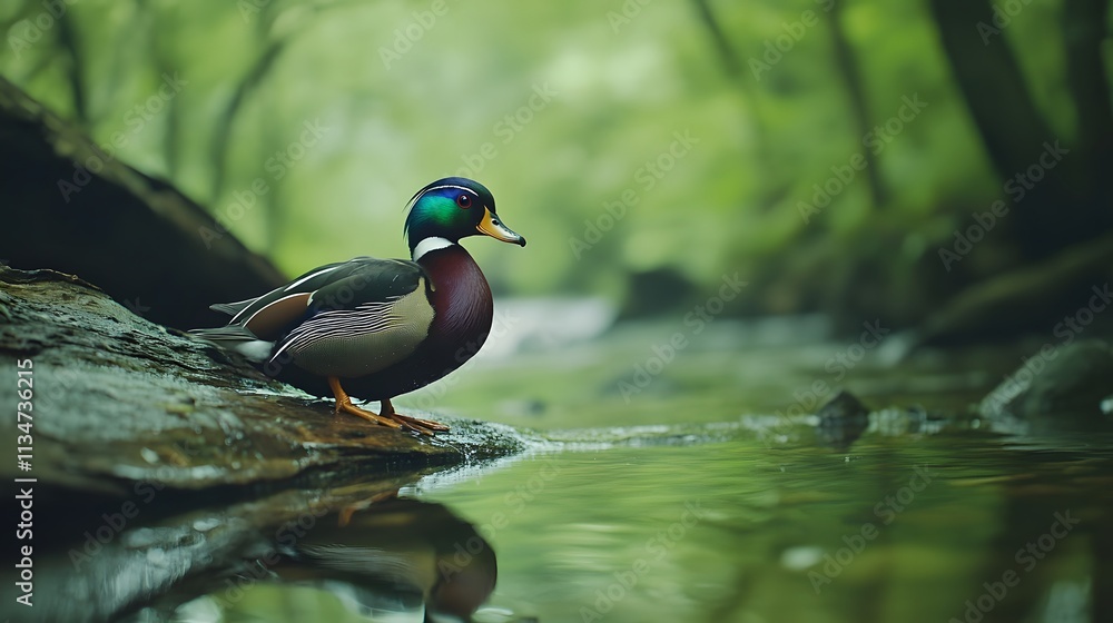 Fototapeta premium Beautiful wood ducks flying over a peaceful Pennsylvania wetland scene.