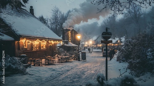 Snowy Village Street Scene With Illuminated Buildings photo