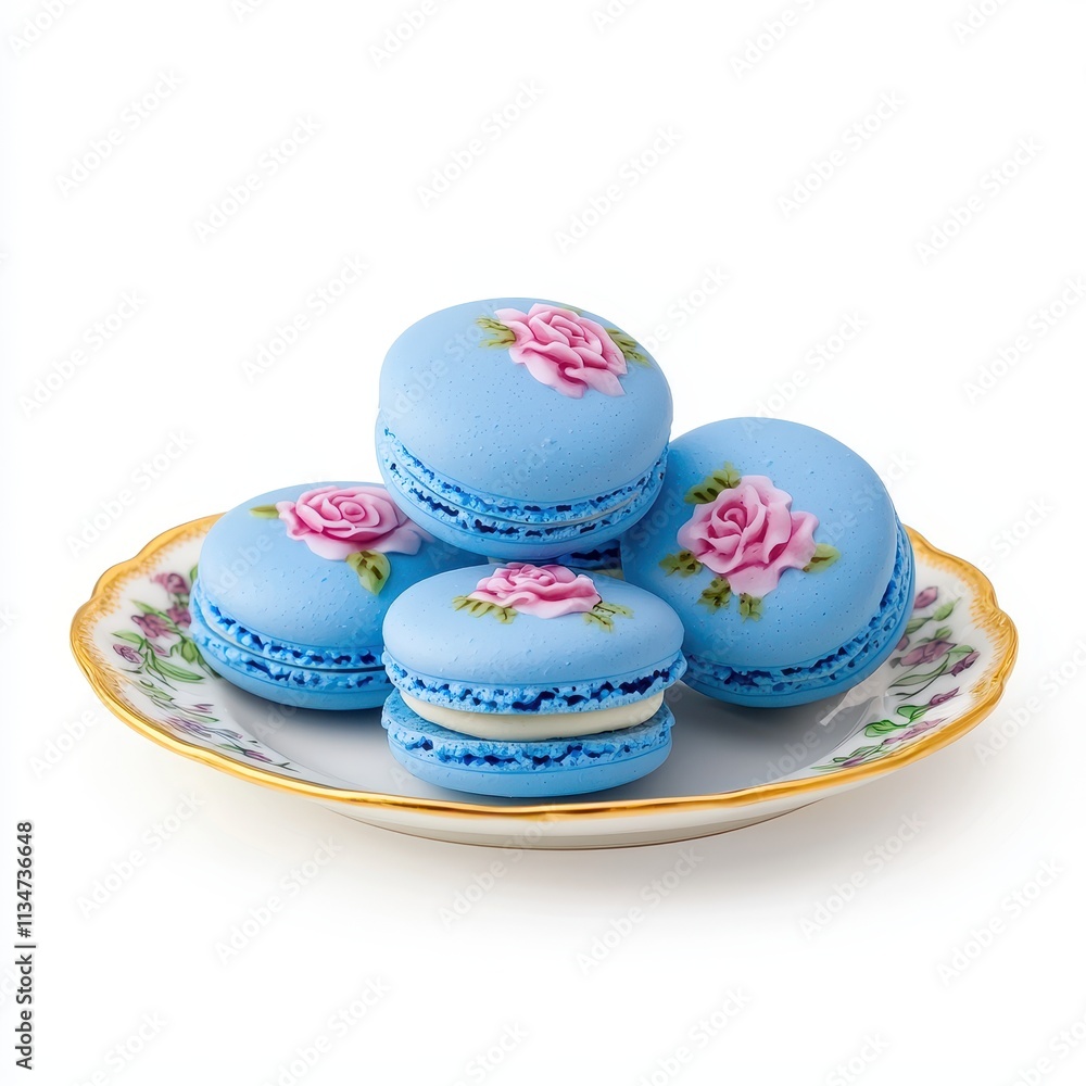 Blue Macarons on Floral Plate for Elegant Dessert Presentation Blue Macarons on Floral Plate for Elegant Dessert Presentation
