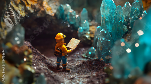 Adventurous Explorer in a Crystal Cave Surrounded by Stunning Geological Formations and Treasures