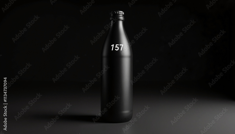 Sleek black bottle mockup with number 157 on dark background for product branding Sleek black bottle mockup with number 157 on dark background for product branding