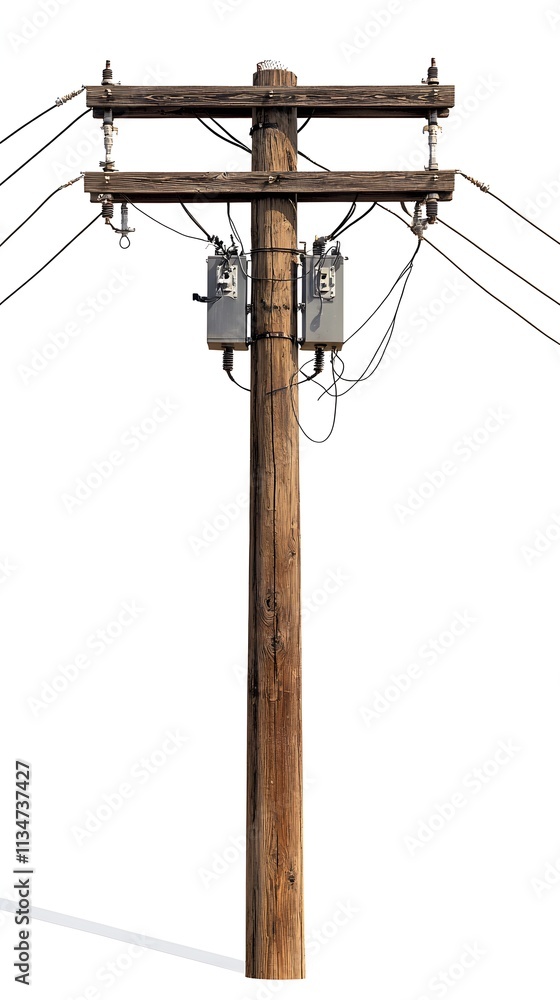 White background showcasing a wooden electricity pole with transformer and wires. White background showcasing a wooden electricity pole with transformer and wires.