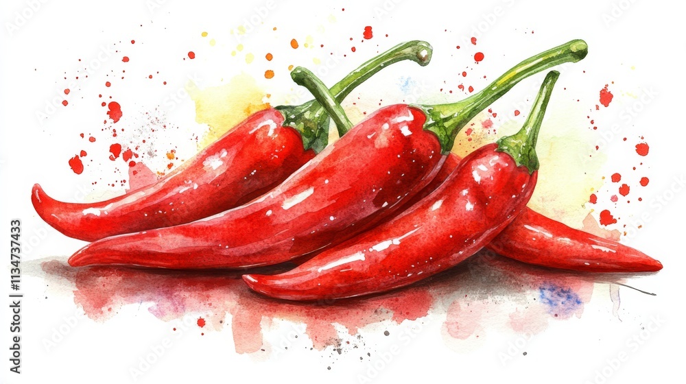 Vibrant red chili peppers watercolor splash spicy hot food illustration Vibrant red chili peppers watercolor splash spicy hot food illustration