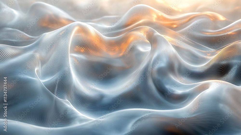 Abstract glass waves flowing smooth curves with light reflections creating a delicate interplay of motion and transparency