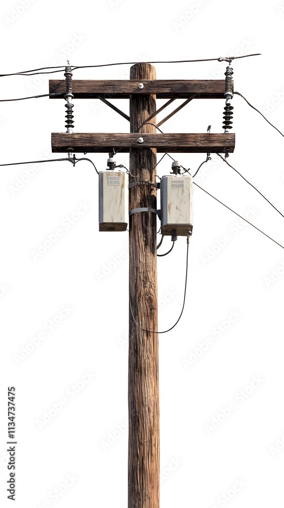 Wooden electric pole with transformer and power lines on white background. Wooden electric pole with transformer and power lines on white background.