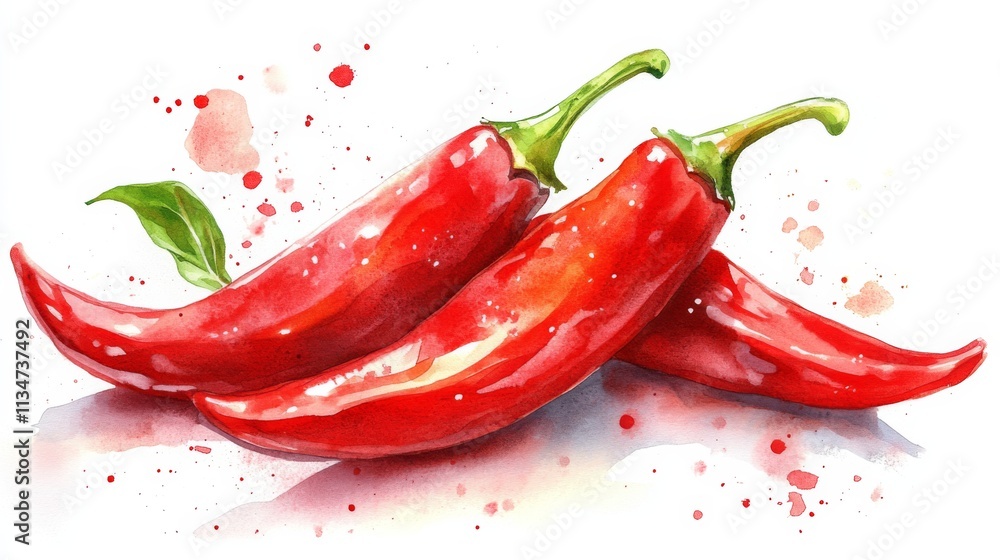 Vibrant red chili peppers watercolor splash spicy hot food illustration Vibrant red chili peppers watercolor splash spicy hot food illustration