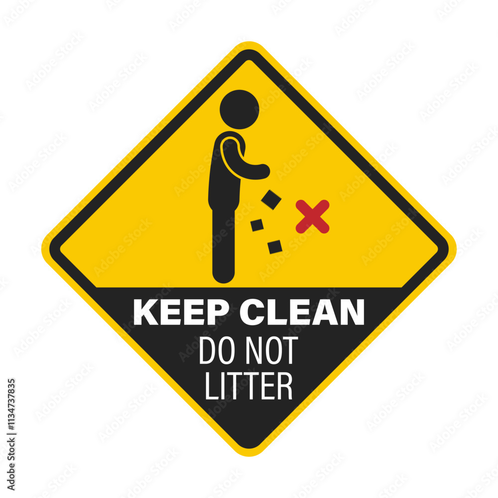 Diamond yellow sign of do not litter, keep clean with illustration of man throw trash not on garbage bin Diamond yellow sign of do not litter, keep clean with illustration of man throw trash not on garbage bin