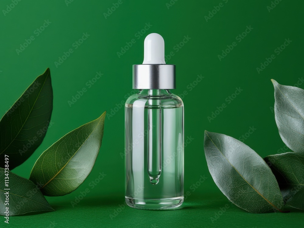 Serum bottle surrounded by green leaves. Serum bottle surrounded by green leaves.