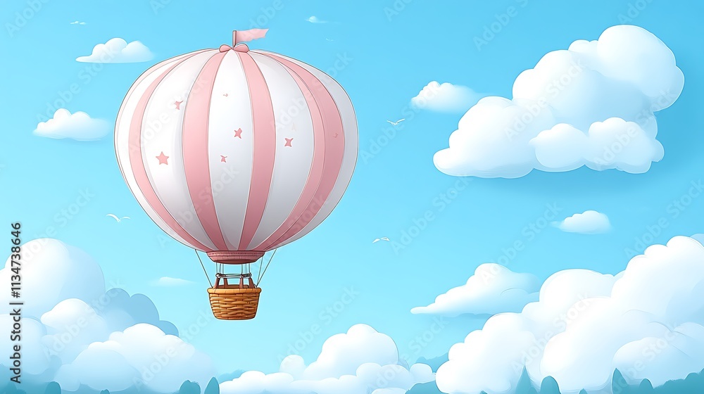Fototapeta premium Pink hot air balloon floating in a blue sky with fluffy clouds.