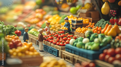 Vibrant Market Scene Featuring Colorful Fresh Produce and Buyers Engaging in Trade