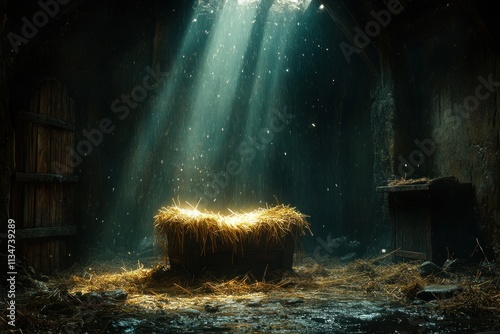 Nativity Scene with Wooden Cradle Illuminated by Light Rays in a Dimly Lit Stable photo