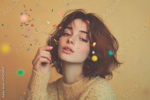 A young woman posing with a party popper in hand, about to release colorful confetti.