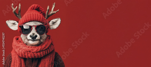 Frohe Weihnachten Urlaub Winter Grußkarte mit deutschem Text - Cooles Rentier Rudolf Hirsch mit Geweih, Weihnachtmann Nikolausmütze, Sonnenbrille und roter Nase, isoliert auf rotem Hintergrund