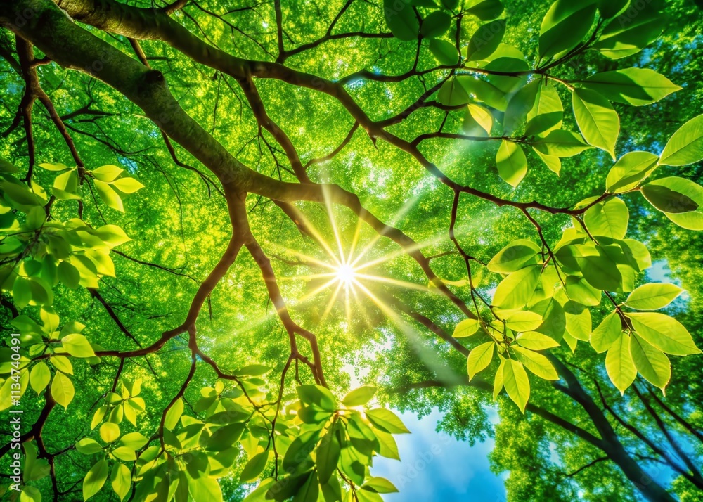 Obraz premium Captivating Candid Photography of Lush Green Tree Branches with Sunlight Filtering Through Leaves in a Serene Outdoor Setting, Perfect for Nature Lovers and Environmental Themes