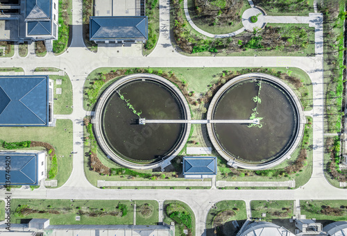 Aerial view of water purification pool in water plant photo