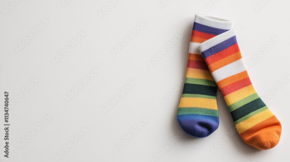 Colorful striped socks displayed on a plain background. Colorful striped socks displayed on a plain background.