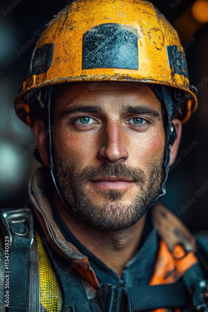 Construction Worker in Safety Gear with Helmet and Chiaroscuro Lighting on Construction Site Construction Worker in Safety Gear with Helmet and Chiaroscuro Lighting on Construction Site