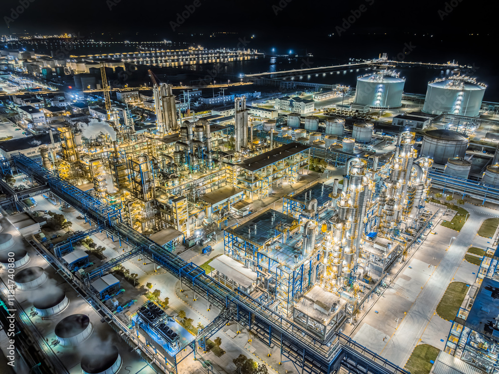 Fototapeta premium Oil refinery chemical plant industrial equipment at night in large industrial area. Business finance and industry