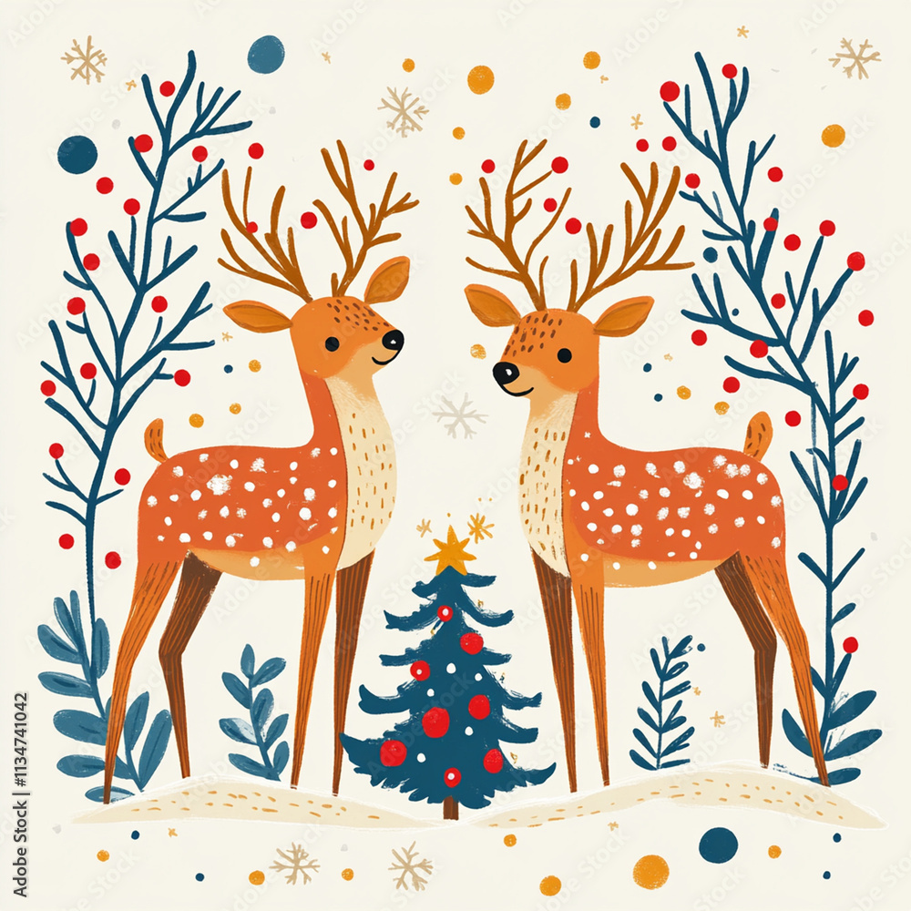 Obraz premium Merry Christmas cover design with Christmas deers, toys and decorative branches. Christmas greeting card. Christmas illustration in Scandinavian style with Christmas tree and Christmas reindeer., chri