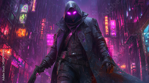 dark and brooding rider in sleek trench coat wanders rain soaked urban landscape illuminated neon signs. He wields high tech scythe showcasing neo noir aesthetics. photo