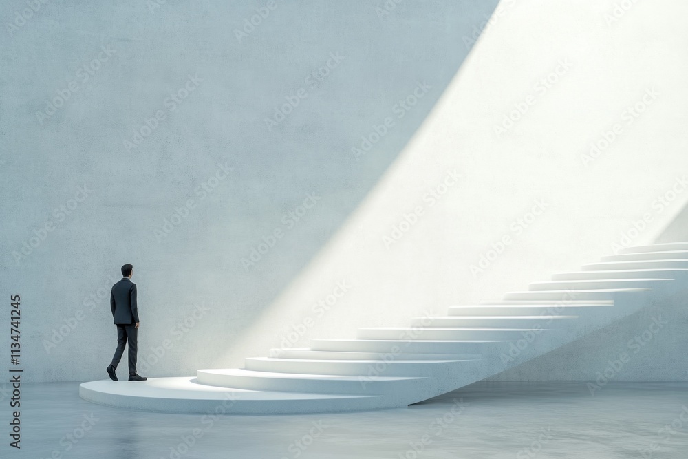 Obraz premium A person ascends a winding staircase in a sleek, minimalist environment with soft natural light illuminating the space.. concept of transition to a higher level
