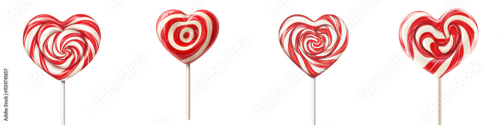 Colorful heart-shaped lollipops arranged in a row, featuring swirled patterns in red and white. Colorful heart-shaped lollipops arranged in a row, featuring swirled patterns in red and white.