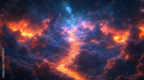 A floating staircase spiraling into a starry sky, surreal dreamscape, vibrant hues, ultra-realistic details