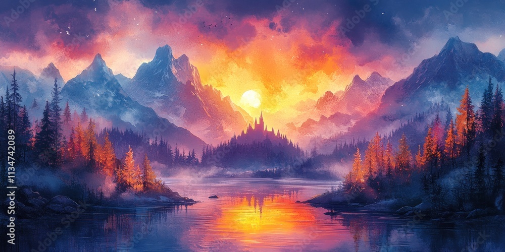 Fantasy Castle Landscape with Mountains and Fairy Forest in Watercolor Dreams Fantasy Castle Landscape with Mountains and Fairy Forest in Watercolor Dreams