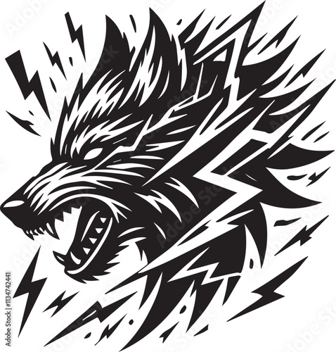 A roaring wolf head with streaks of lightning vector silhouette black