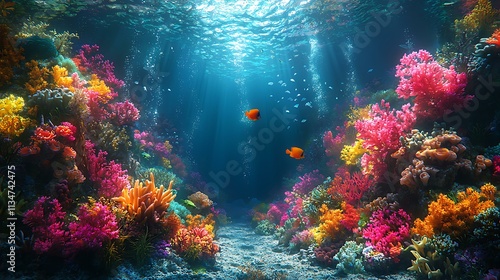 Fototapeta Naklejka Na Ścianę i Meble -  A serene underwater world with glowing coral reefs and exotic fish, vibrant colors, ultra-realistic