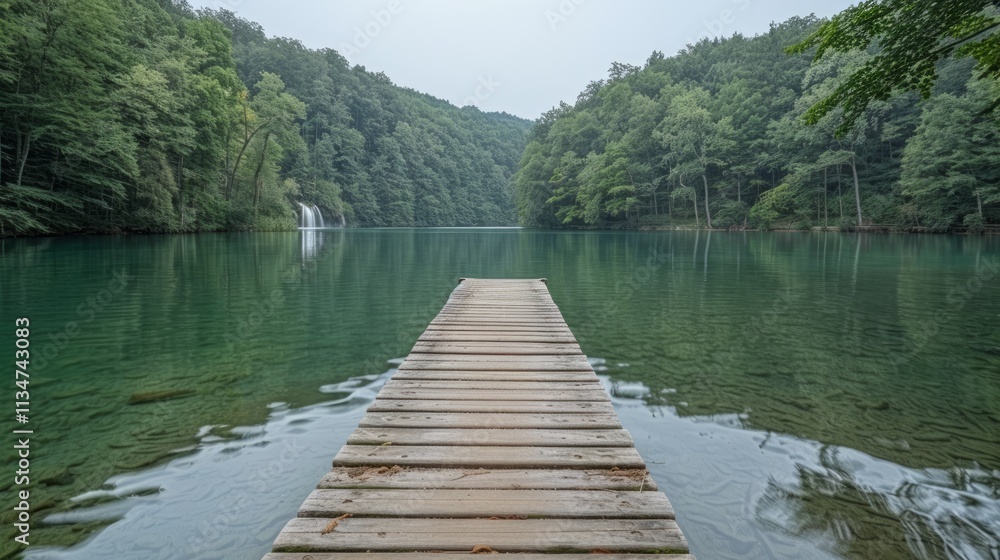 Naklejka premium Serene lake with wooden dock, lush green forest background.