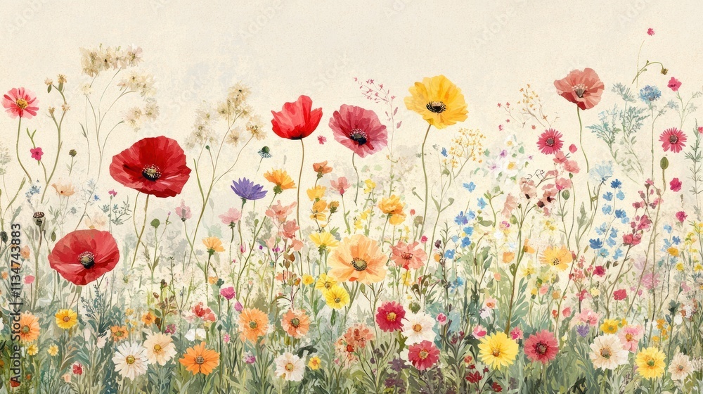 Fototapeta premium Vibrant wildflowers in a summer meadow, painted in watercolor style.