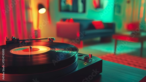 Vinyl record player in a vibrant living room with colorful lighting.