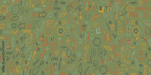 Colorful memphis doodle pattern background with a teal background, featuring vibrant abstract doodle shapes and patterns.