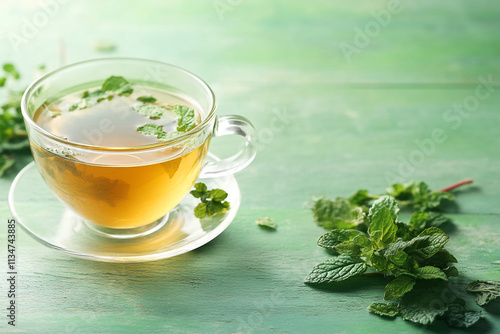 Mint tea with fresh leaves on a light green wooden background